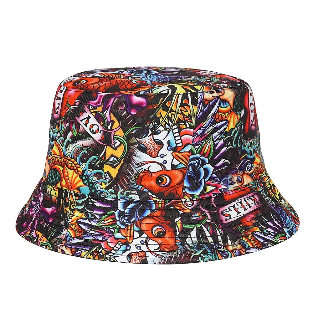 Summer Sun Protection Bucket Hat for Men Women Panama Cap Print Hip Hop Gorros Fishing Fisherman Hat Double Side Wear Fashion - Premium T-Shirts from Lizard Vigilante - Just $7.99! Shop now at Lizard Vigilante