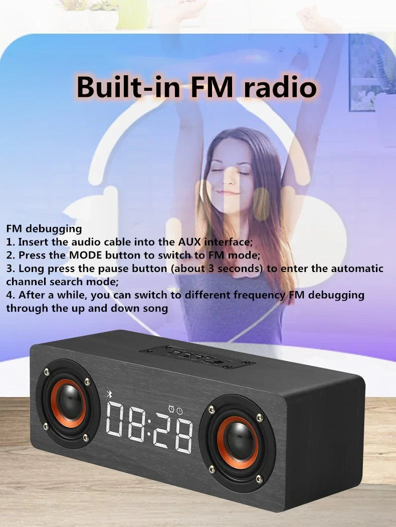 Wooden Bluetooth Speaker Portable Wireless Subwoofer Clock Soundbox Home Computer Echo Wall Soundbar HiFi Stereo TF AUX U Disk