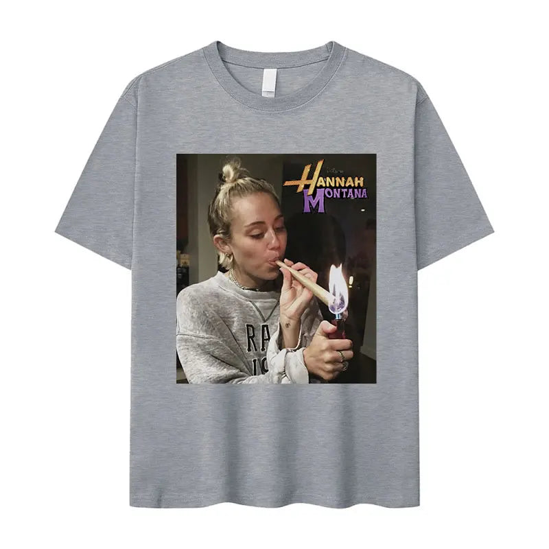 Miley Cyrus Funny Smoking Graphic T-Shirt | Hannah Montana Vintage Aesthetic Men’s & Women’s Casual Oversized Cotton Tee - Premium T-Shirt from Lizard Vigilante - Just $26.66! Shop now at Lizard Vigilante