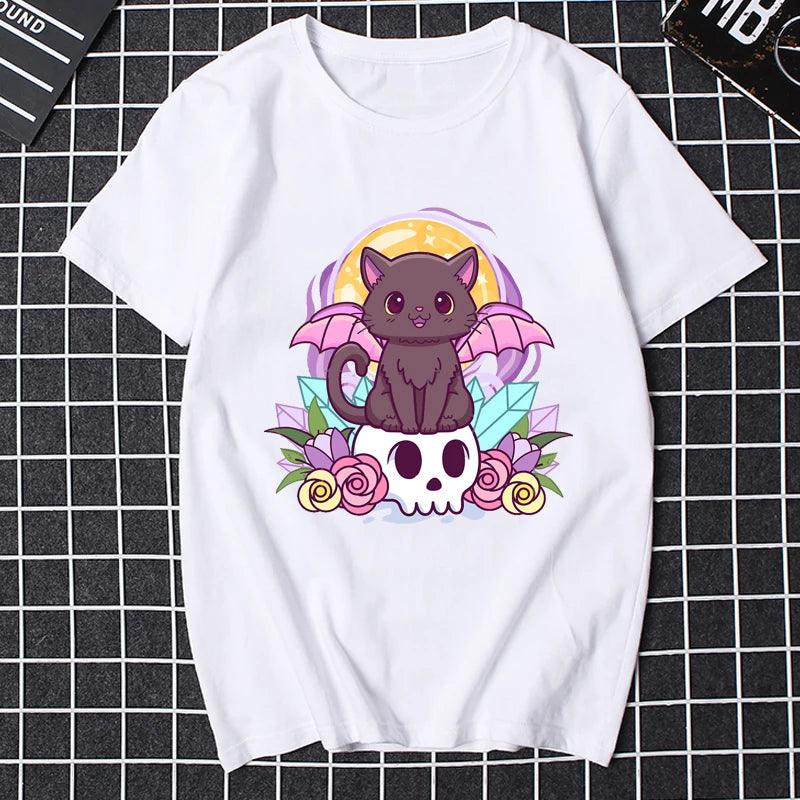 Women Halloween Pastel Goth Cute Creepy Demon Cat and Skull T Shirt Pastel Goth Creepy Cat Japanese Manga Printed T-shirt - Premium T-Shirt from Lizard Vigilante - Just $22.99! Shop now at Lizard Vigilante