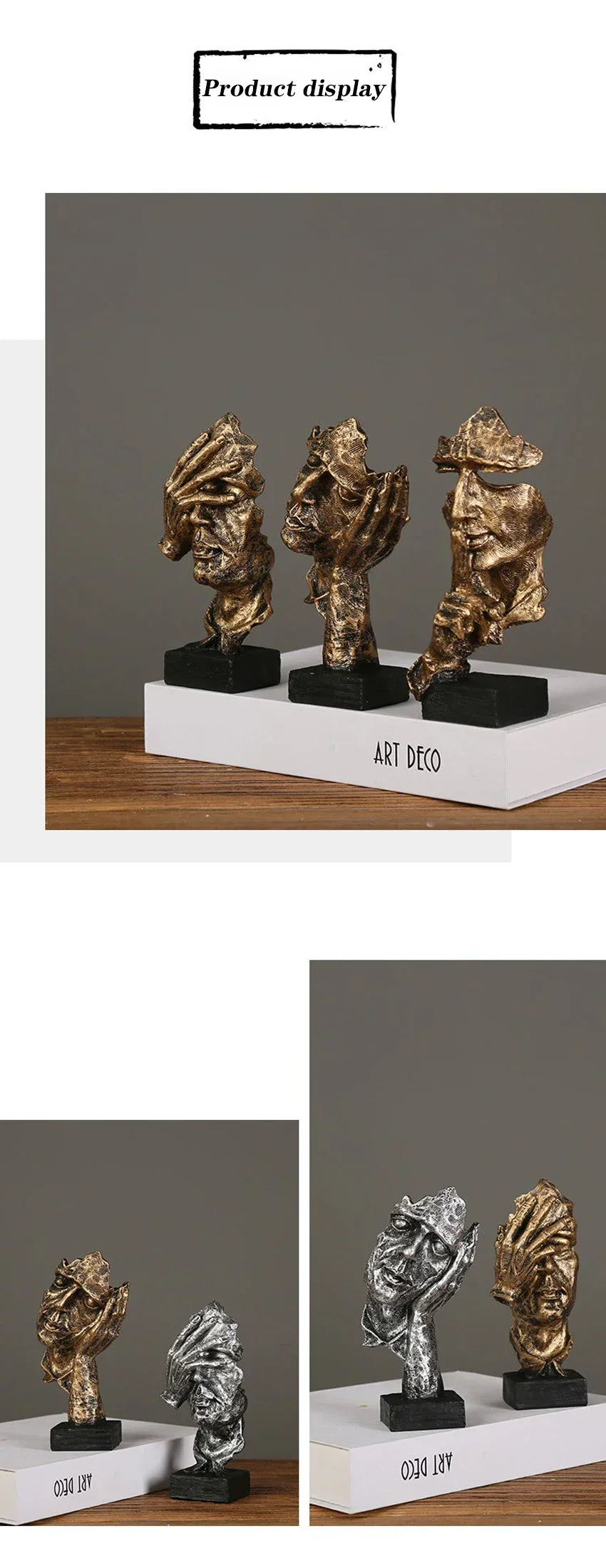 New Creative Abstract Silence Is Gold Abstract Figurine Resin Hand Face Men Statue Sculpture Home Office Living Room Desk Decor