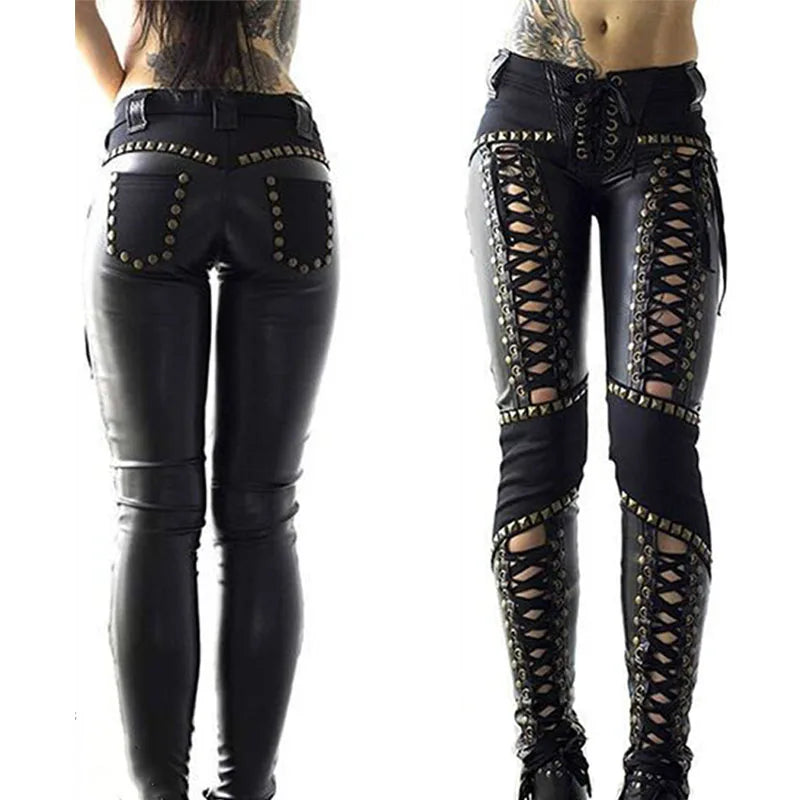 Women's Punk Rock Imitation Leather Pencil Pants New Sensual Hollow Out Bandage Bodycon Leggings Streetwear Women's Pants - Premium pants from Lizard Vigilante - Just $52.88! Shop now at Lizard Vigilante