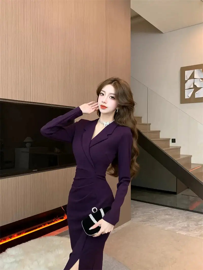 Women Pink Pleated Bodycon Formal Long Dress Autumn Winter Long Sleeve Chic Suit Dress 2025 Korean Fashion Elegant Party Dresses