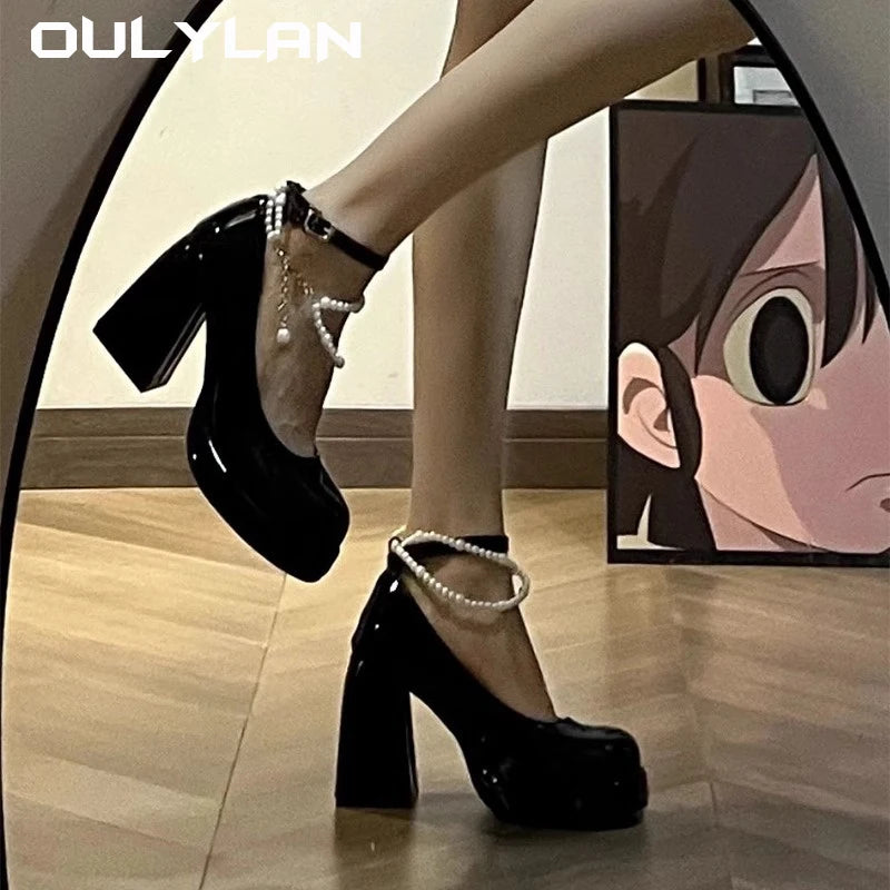 Oulylan New Ladies High Heels Elegant Toe Black High Heels Fashion Thick Heel Wedding Party Pearl Lace Wedding Shoe - Premium  from Lizard Vigilante - Just $37.99! Shop now at Lizard Vigilante