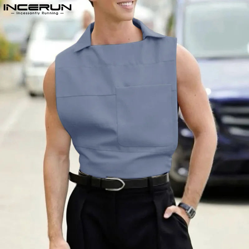 INCERUN Men's Solid Color Lapel Sleeveless Tank Tops - Casual Fashion Vests for Summer 2024 - Premium tank tops from Lizard Vigilante - Just $28.88! Shop now at Lizard Vigilante