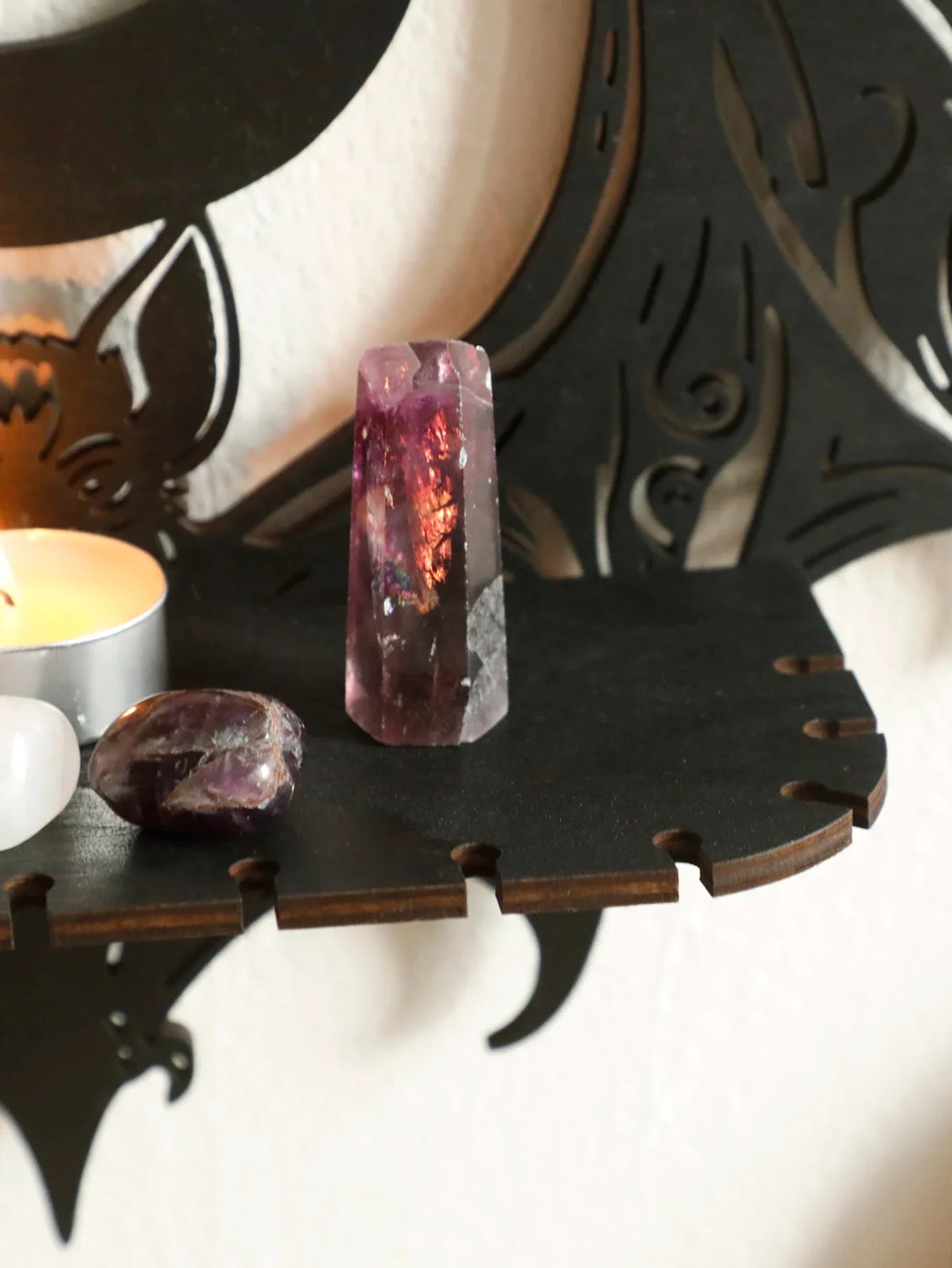 Black Halloween Wooden Wall Shelf Gothic Bat Moon Hollow Pattern Floating Shelf Crystal Holder Goth Home Decor Witch Room Decor