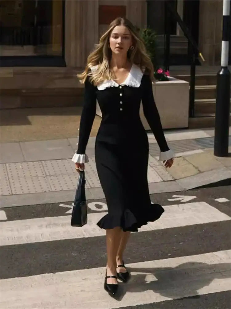 SINGREINY 2024 Hotsweet Slim Autumn Dress Women Peter pan Collar Long Sleeves Patchwork Preppy Style Mermaid Sweater Long Dress