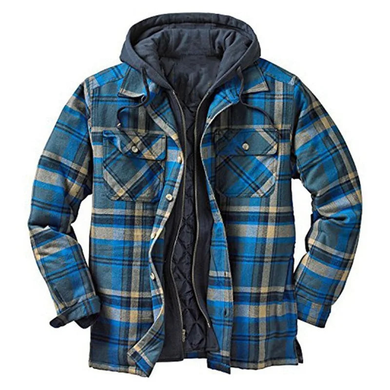 Oversized Plaid Patchwork Hooded Shirt Jacket – Men's Casual Streetwear Outerwear for Autumn & Winter - Premium jacket from Lizard Vigilante - Just $46.66! Shop now at Lizard Vigilante