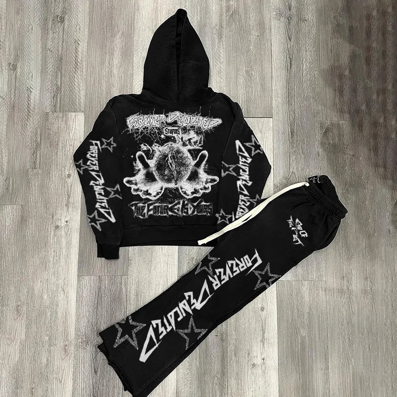 Y2K Heatwave: Oversized Flared Hoodie Set – LV Street Echo Edition - Premium hoodie set from dsers - Just $46.99! Shop now at Lizard Vigilante