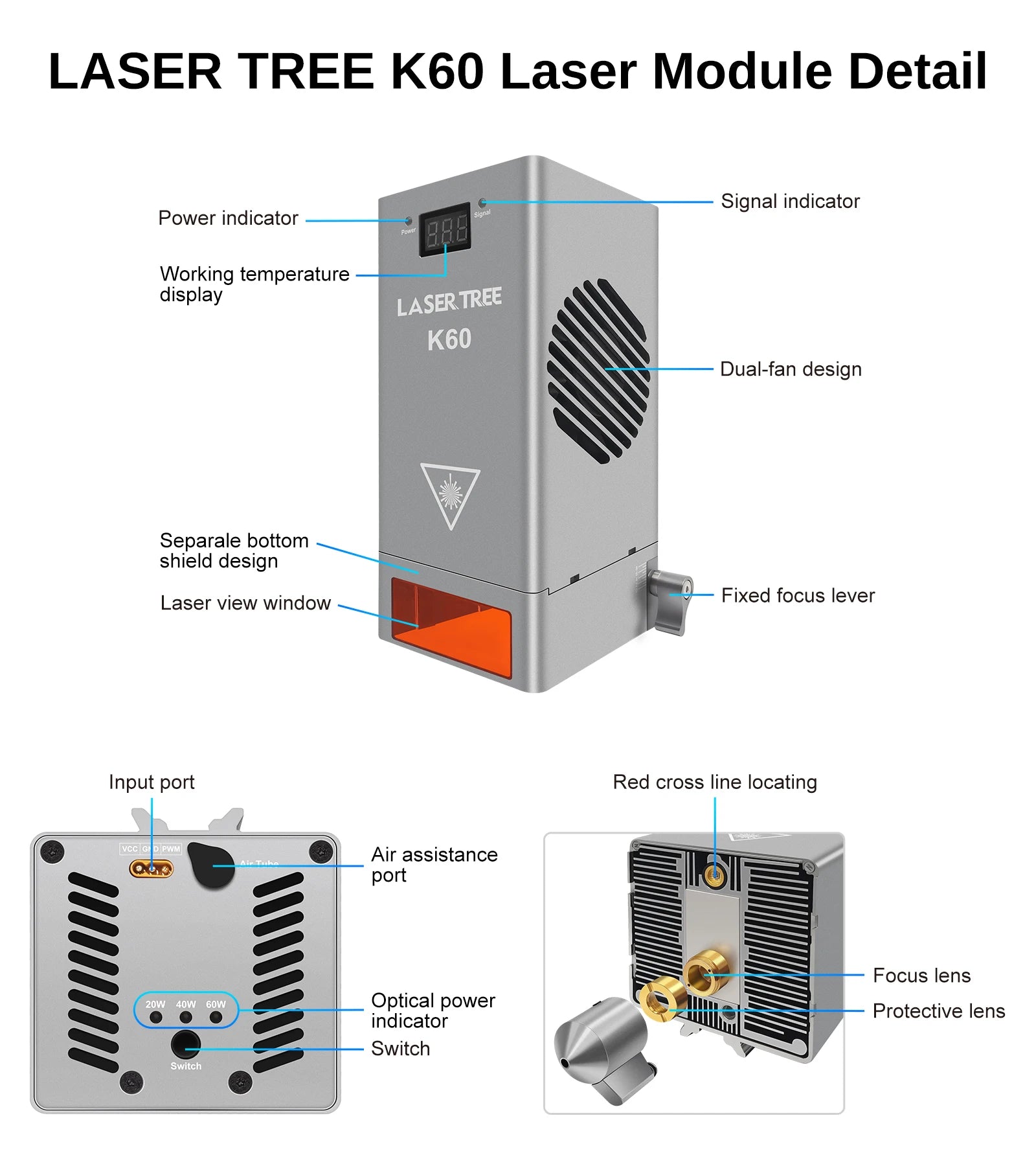 LASER TREE K60 Optical Power 60W Laser Head Adjustable 20W/40W Power Module For CNC Laser Engraver Cutting Woodworking DIY Tools - Premium  from Lizard Vigilante - Just $1838.99! Shop now at Lizard Vigilante