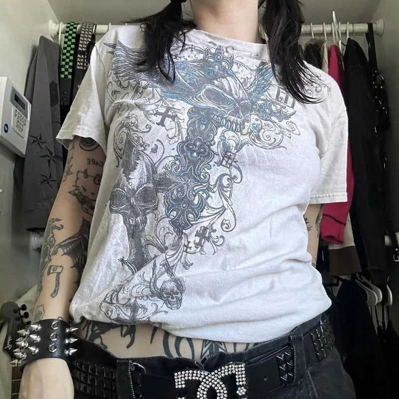 2000s Aesthetic Mall Goth E-girl Gothic T-shirt Retro Y2K Grunge Skull Wing Crop Tops Indie Graphic Print Short Sleeve Tee Women - Premium T-Shirt from Lizard Vigilante - Just $29.99! Shop now at Lizard Vigilante