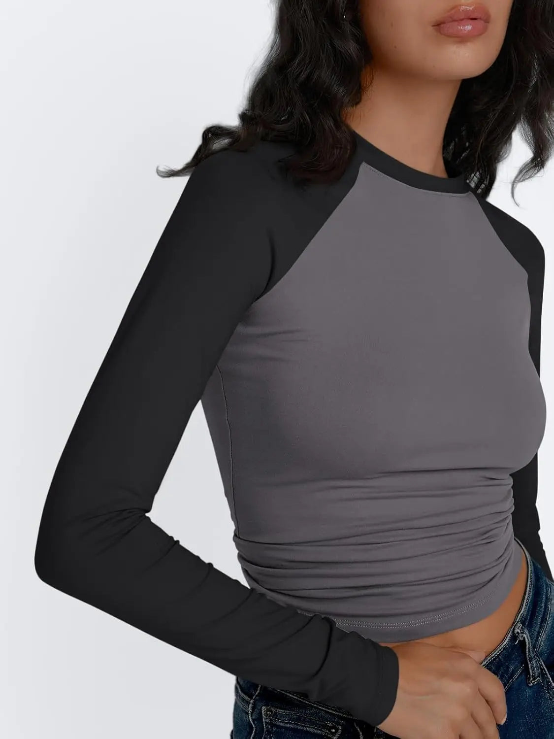 Women's Long Sleeve Shirts Slim Fit Stretchy Color Block Slightly Cropped Tops - Premium  from Lizard Vigilante - Just $19.99! Shop now at Lizard Vigilante