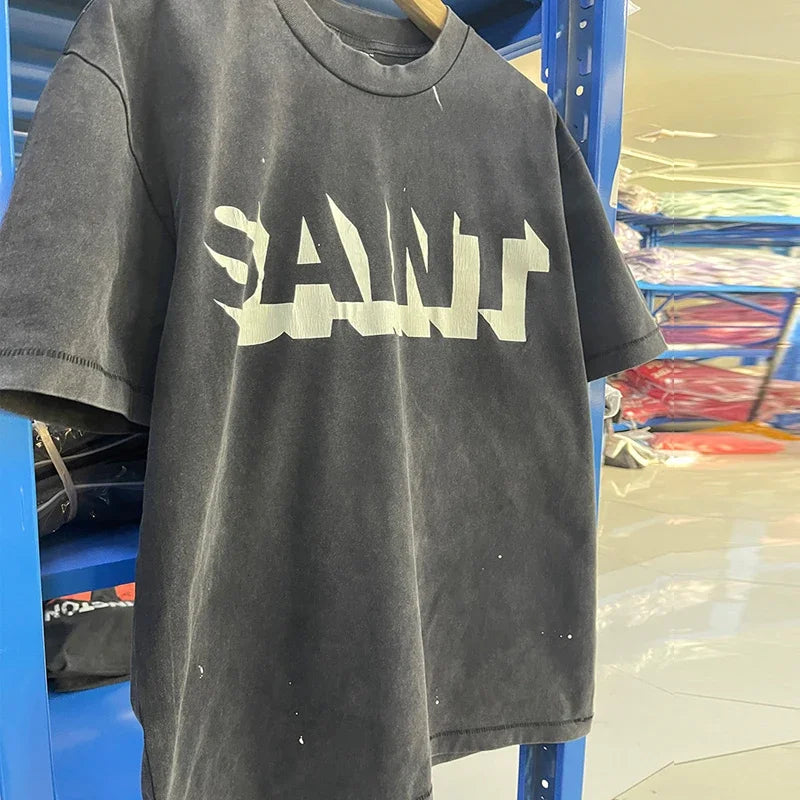 Men Women High Street Vintage Washed Black T-Shirt Top Quality Cototn TEE 3D Cracked Letters Logo Print Saint T Shirt With Tags - Premium  from Lizard Vigilante - Just $64.99! Shop now at Lizard Vigilante