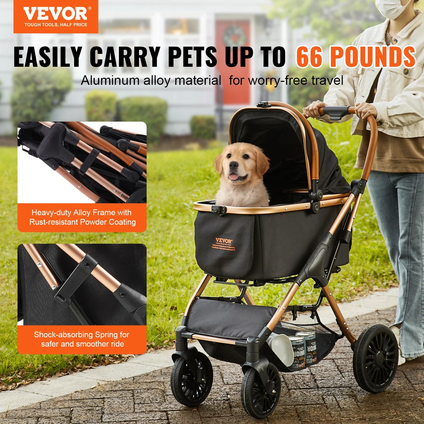 VEVOR 66 lbs Pet Stroller Foldable Dog Puppy Stroller with Brakes Storage Basket Detachable Carrier for Small to Medium Dogs - Premium  from Lizard Vigilante - Just $229.99! Shop now at Lizard Vigilante