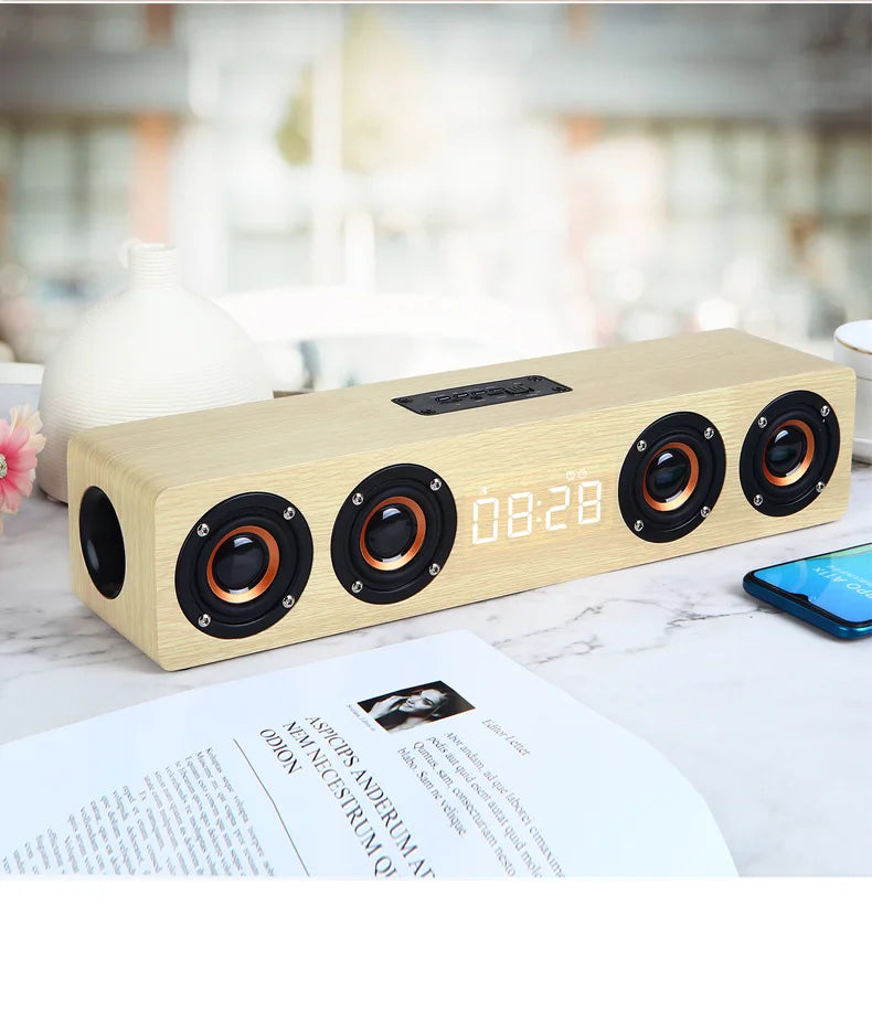 Wooden Bluetooth Speaker Portable Wireless Subwoofer Clock Soundbox Home Computer Echo Wall Soundbar HiFi Stereo TF AUX U Disk