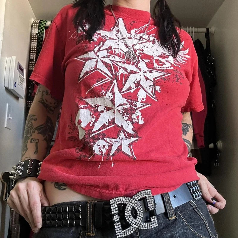 2000s Aesthetic Mall Goth E-girl Gothic T-shirt Retro Y2K Grunge Skull Wing Crop Tops Indie Graphic Print Short Sleeve Tee Women - Premium T-Shirt from Lizard Vigilante - Just $29.99! Shop now at Lizard Vigilante