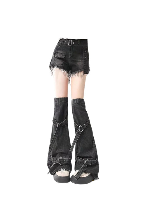 Vintage Black Gothic Denim Shorts with Leg Cover – Korean Style Y2K Emo Mini Jean Shorts for Summer - Premium shorts from Lizard Vigilante - Just $55.99! Shop now at Lizard Vigilante