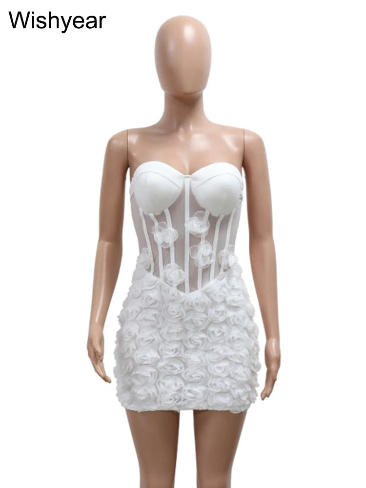 New Sexy Off Shoulder 3D Flower See Through Strapless White Mini Dresses Women‘s Elegant Birthday Evening Guest Party Prom Robe - Premium  from Lizard Vigilante - Just $81.99! Shop now at Lizard Vigilante