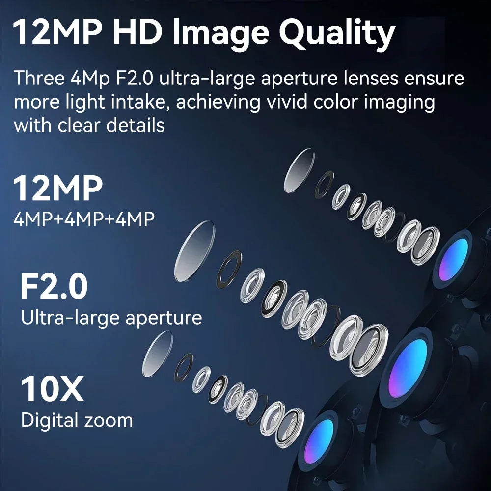 6K 12MP Outdoor WiFi Camera Three Screen Three Lens 10X Zoom PTZ Automatic Tracking Audible Visual Alarm Security Camera