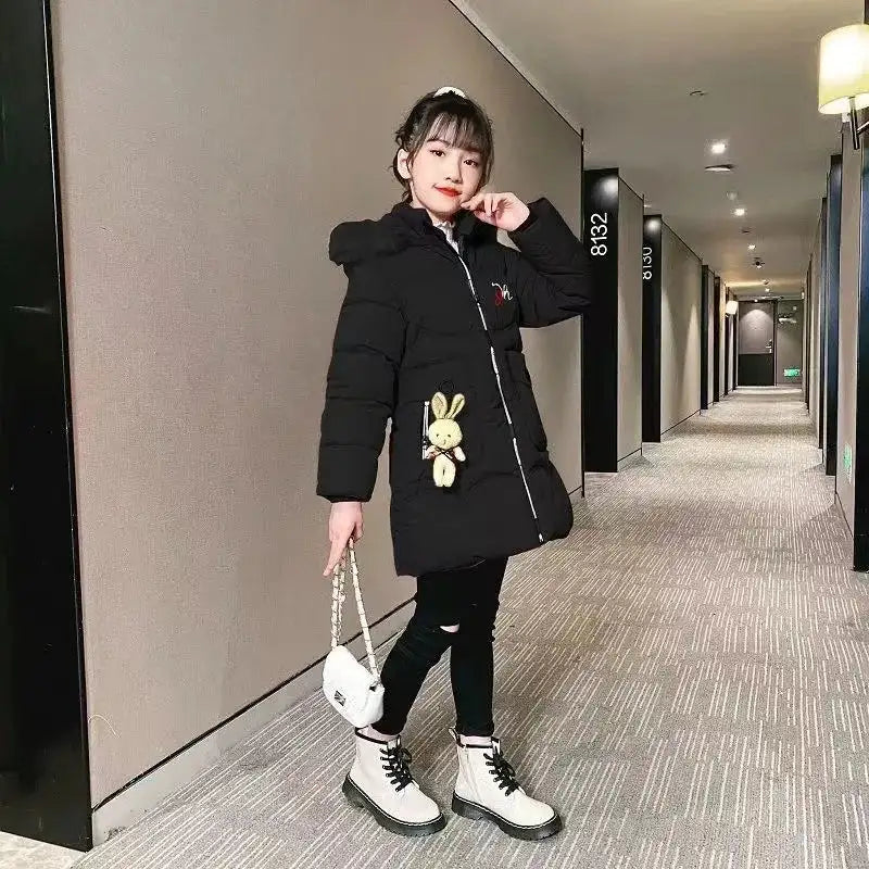 4 Color Big Size Winter Keep Warm Long Style Girls Jacket Teenage Thick Heavy Cold-proof Hooded Windbreaker Coat For Kids