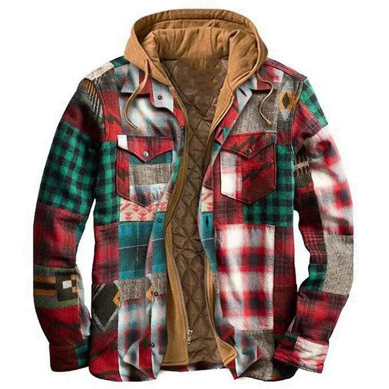 Oversized Plaid Patchwork Hooded Shirt Jacket – Men's Casual Streetwear Outerwear for Autumn & Winter - Premium jacket from Lizard Vigilante - Just $46.66! Shop now at Lizard Vigilante