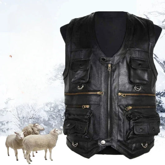 Men's Genuine Leather Imported Vest Male Multiple Pockets Sleeveless Coat Men V-neck Real Sheepskin Waistcoat - Premium vest from Lizard Vigilante - Just $93.99! Shop now at Lizard Vigilante