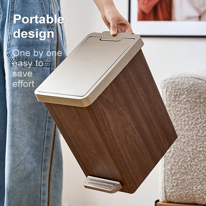 Large Capacity Trash Can，Elegant Wood Grain Design。Durable Plastic，Mute off，Save Space。Suitable for Kitchen、Bathroom、Office、Bedr