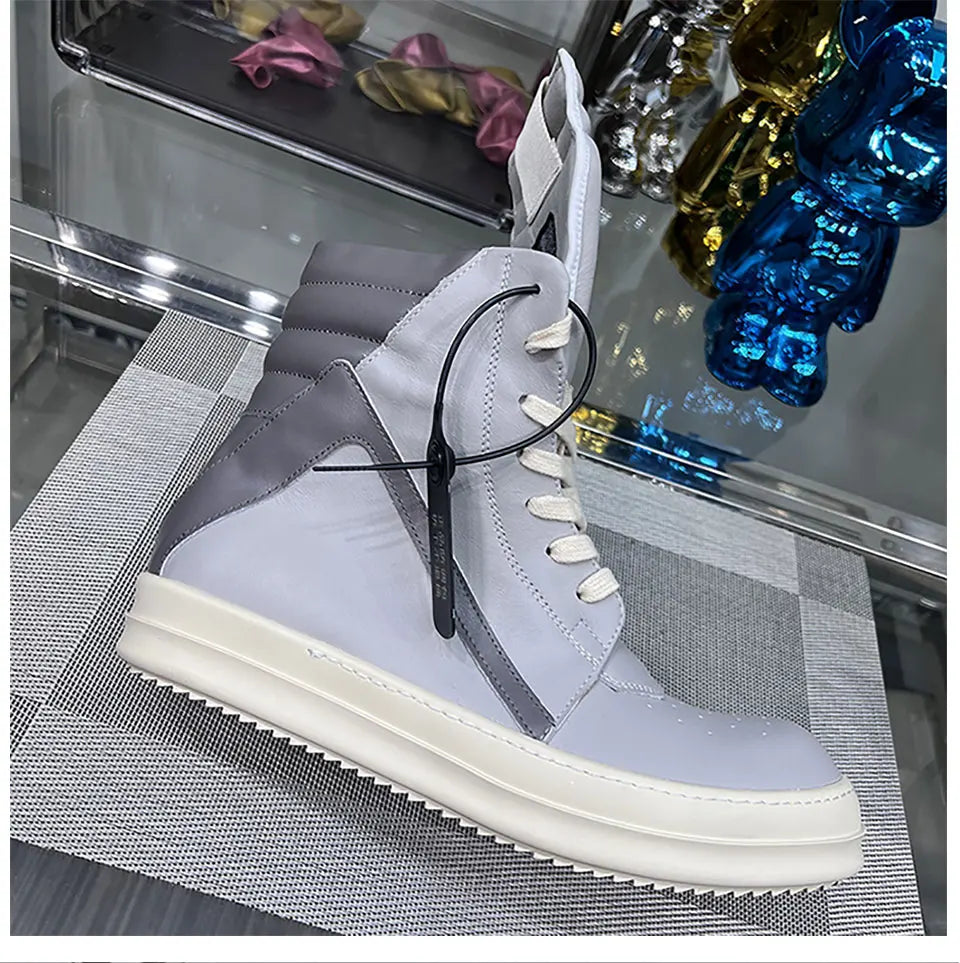 Casual Shoes Men High Top Gray Genuine Leather Luxury Trainers Women Geobasket Jumbo Lace Up Designer Sneaker Flats Ankle Boots - Premium  from Lizard Vigilante - Just $198.99! Shop now at Lizard Vigilante