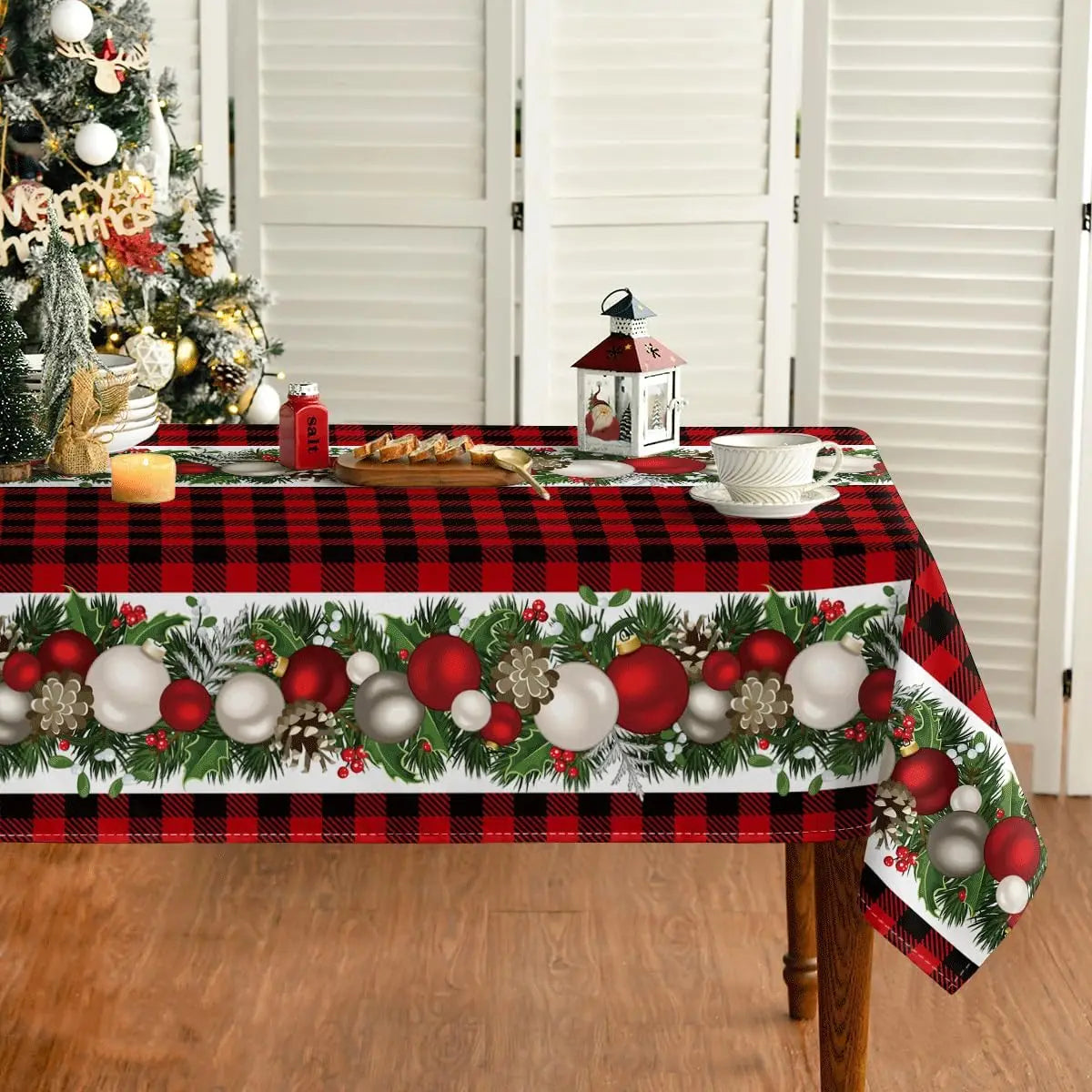 Christmas Ball Ornaments Red Bufalo Plaid Rectangle Tablecloth Dining Room Decor Reusable Table Cover Xmas Party Decorations