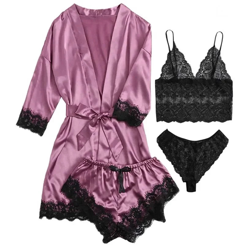 4 Pieces Woman Sleepwear Pajamas Ser With Robe Sexy Lace Lingerie Bathrobe Silk Satin Home Clothed Nightwear Robe - Premium Lingerie from Lizard Vigilante - Just $27.99! Shop now at Lizard Vigilante