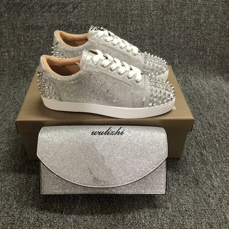 Flat Rivet Silver Casual Shoes Women Clutch Design Crystal Sneakers Luxurious Round Concise Couple Metallic Glitter Lace Up Shoe - Premium shoes from Lizard Vigilante - Just $147.99! Shop now at Lizard Vigilante