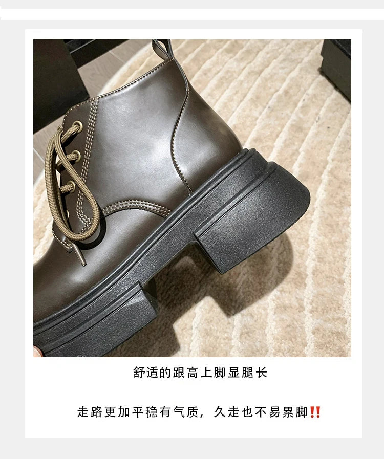 Women’s Lace-Up Ankle Boots – Med Hoof Heel Lolita Rock Round Toe PU Leather Winter Footwear | Solid Rubber Sole, Handmade Classic Street Style - Premium boot from dsers - Just $96.66! Shop now at Lizard Vigilante