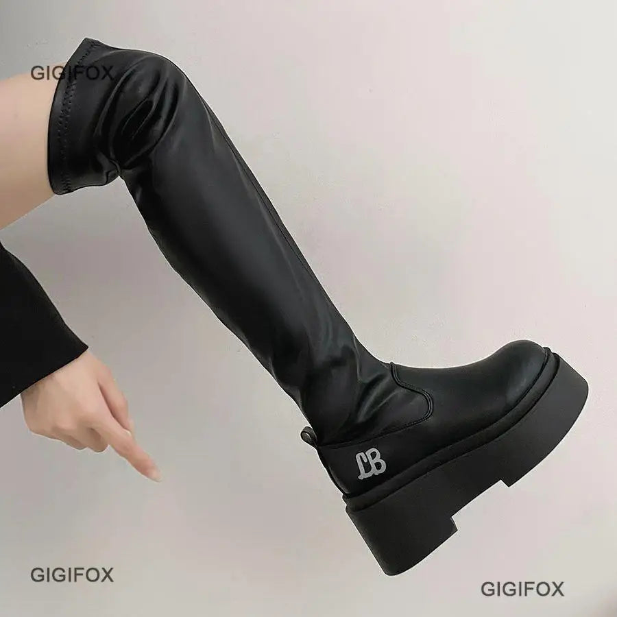 GIGIFOX Gothic Platform High Boots for Women – Black Punk Combat Motorcycle Chunky Halloween Stretch Boots - Premium platform boots from Lizard Vigilante - Just $53.88! Shop now at Lizard Vigilante