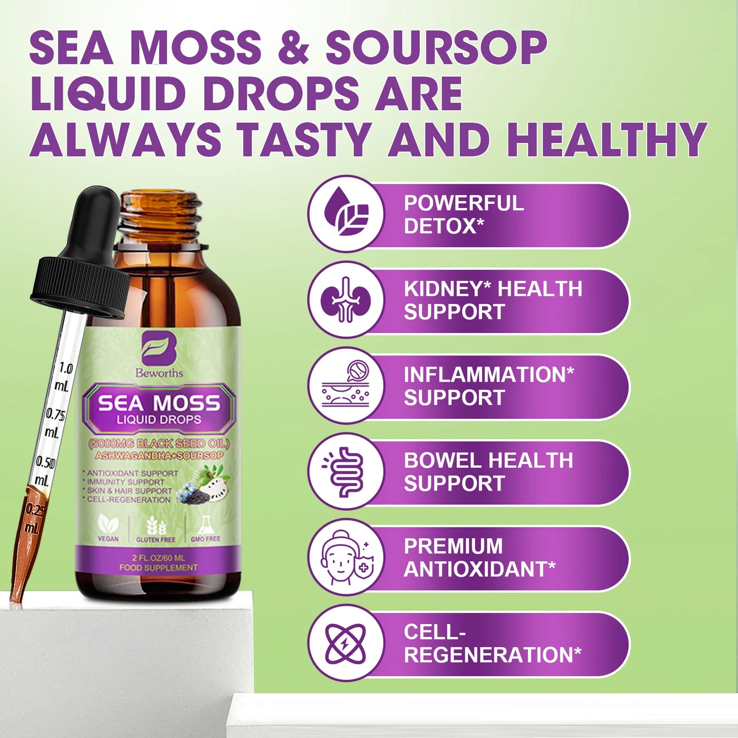 BEWORTHS Sea Moss & Soursop Drops – 60ml Super Extract for Immunity, Kidney Function & Antioxidant Power | Vegan Herbal Liquid Supplement - Premium supplement from dsers - Just $26.99! Shop now at Lizard Vigilante