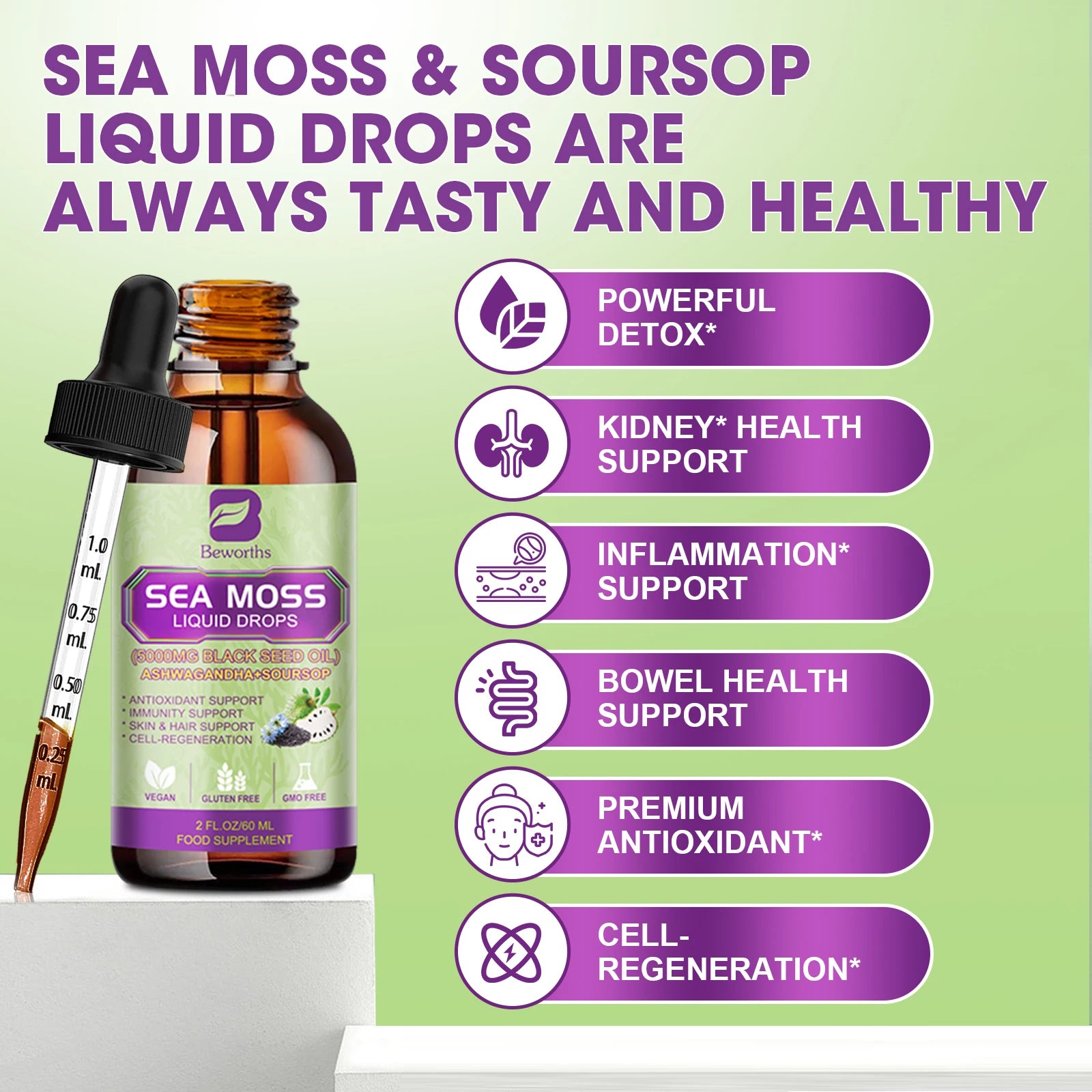 BEWORTHS Sea Moss & Soursop Drops – 60ml Super Extract for Immunity, Kidney Function & Antioxidant Power | Vegan Herbal Liquid Supplement - Premium supplement from dsers - Just $26.99! Shop now at Lizard Vigilante
