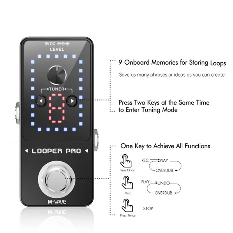 M-VAVE Looper Pro Guitar Effect Pedal 9 Loops 40 Minutes Recording Time Loop Station with Tuner Unlimited Overdub Guitar Pedal - Premium  from Lizard Vigilante - Just $70.99! Shop now at Lizard Vigilante