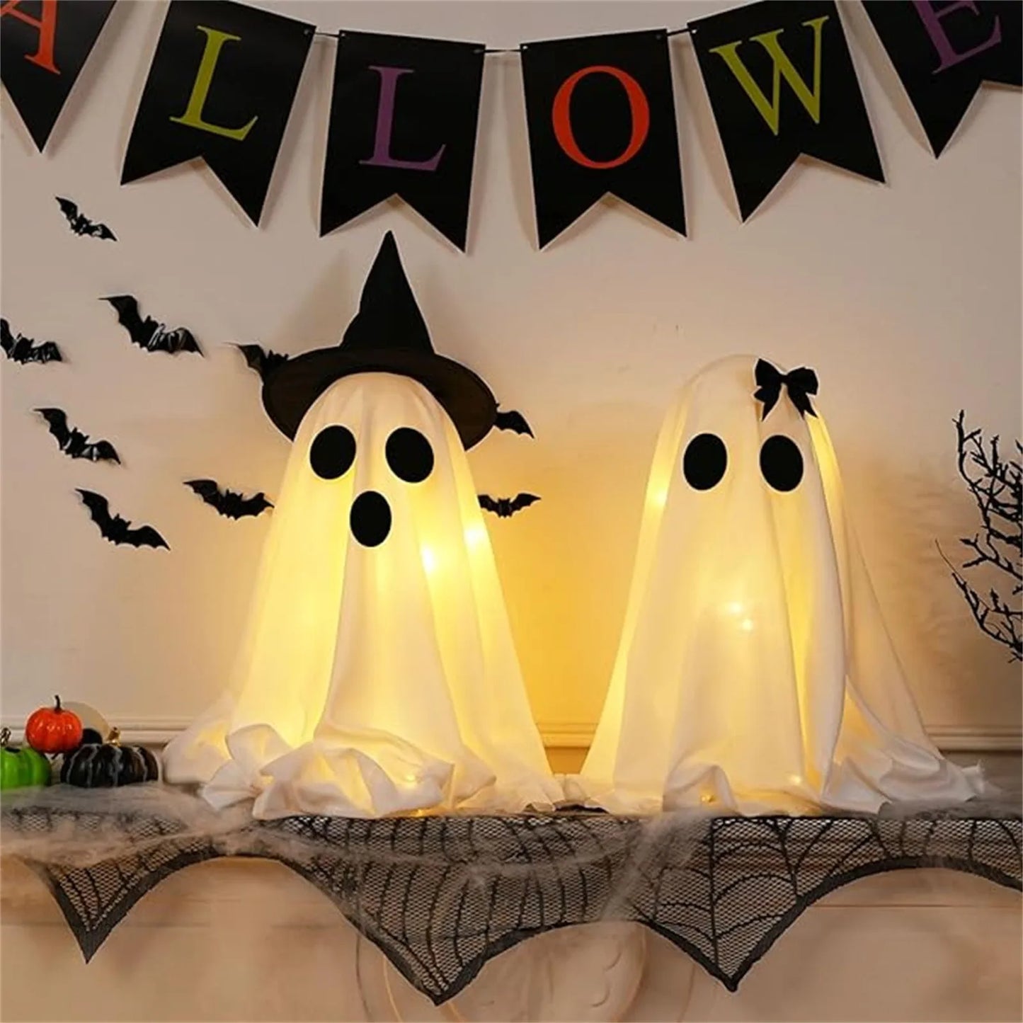 Cute Witch Hat Ghost Decor Spooky Light Up Halloween Ghost Decorations For Indoor Home Mantel Shelf DIY Ghost Tabletop Decor