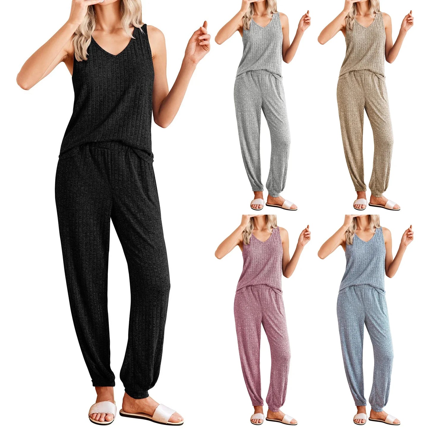 Women Autumn Winter Sleepwear Ribbed Pajamas Set Long Sleeve Top and Long Pants 2 Piece Set Casual Homewear Loungewear