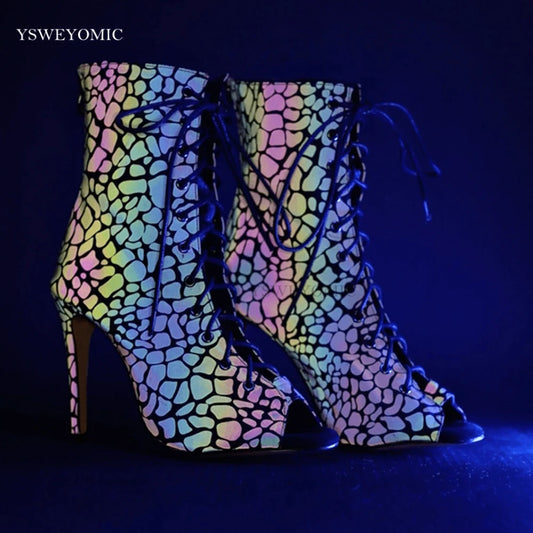 Sparkly Dance Boots Luminous Material Shoes Woman Ballroom Latino Girls Soft Salsa Bachata Heels - Premium boots from Lizard Vigilante - Just $59.99! Shop now at Lizard Vigilante