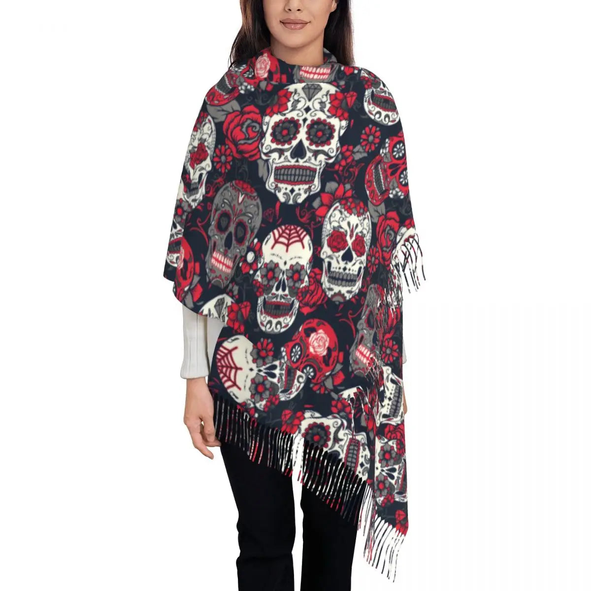 Day of the Dead Sugar Skull Colorful Flower Scarf – Warm Pashmina Shawl, Wrap for Women - Premium scarf from Lizard Vigilante - Just $23.66! Shop now at Lizard Vigilante