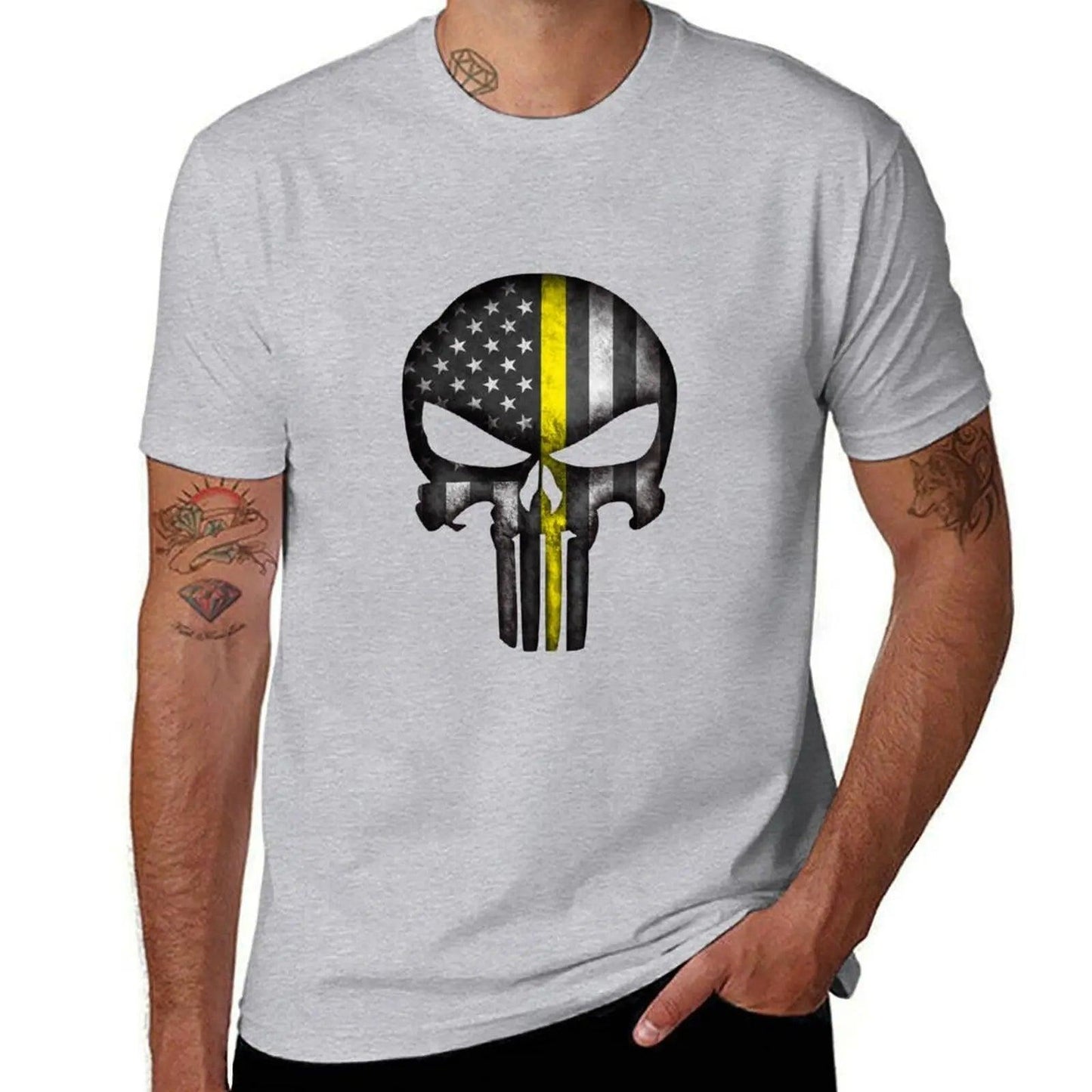 Thin Yellow Line Skull T-Shirt Summer Top Aesthetic Clothing Mens Graphic T-Shirts Pack - Lizard Vigilante