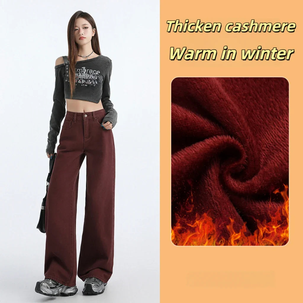 FINEWORDS Retro Angela Red Winter Jeans Women Thicken Cashmere High Waist Baggy Jeans Streetwear Casual Wide Leg Denim Pants