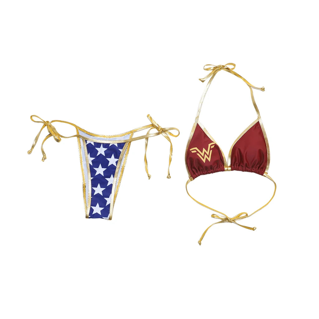 Wonder Woman Costume Women Halloween Party Movie Halter Neck Lace Up Bikinis Set Superhero Swimsuit Fantasia Cosplay Fancy Suits - Premium  from Lizard Vigilante - Just $29.99! Shop now at Lizard Vigilante