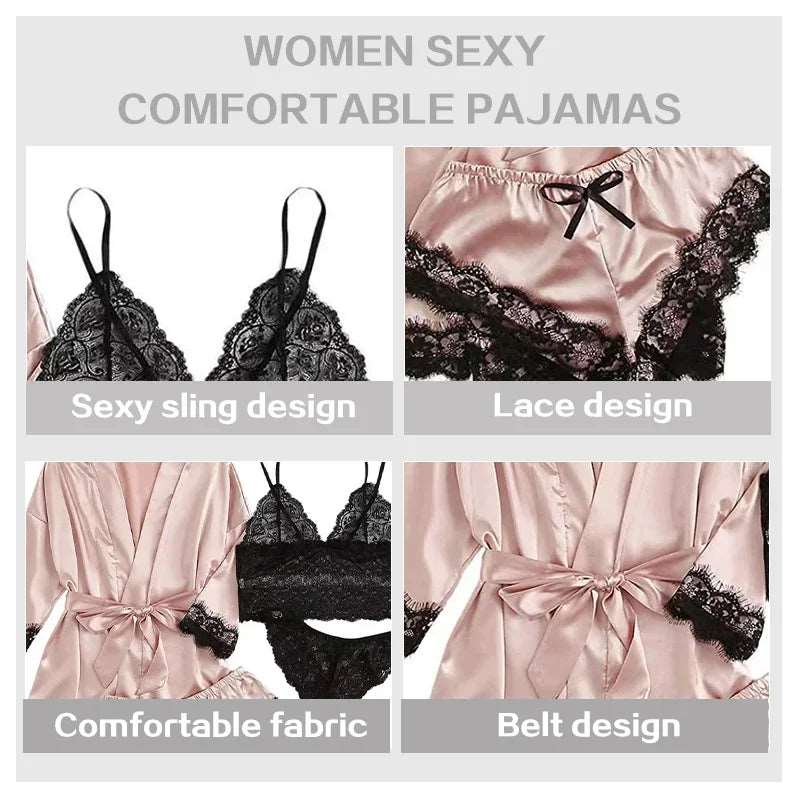 4 Pieces Woman Sleepwear Pajamas Ser With Robe Sexy Lace Lingerie Bathrobe Silk Satin Home Clothed Nightwear Robe - Premium Lingerie from Lizard Vigilante - Just $27.99! Shop now at Lizard Vigilante