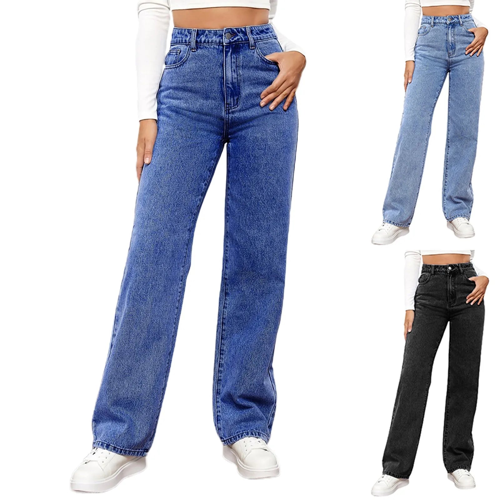 Women Fashion Straight Leg Jeans Loose Button Pocket Washed Denim Pants High Waist Stretchy Denim Trousers 2024 Female Clothes - Premium  from Lizard Vigilante - Just $30.99! Shop now at Lizard Vigilante