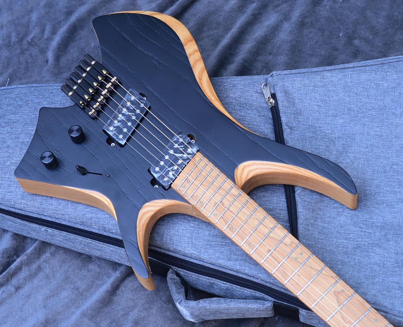 NKGuitar Fanned Frets 6 Strings Headless Electric Guitar Black color Roasted Maple Neck HH pickups - Lizard Vigilante