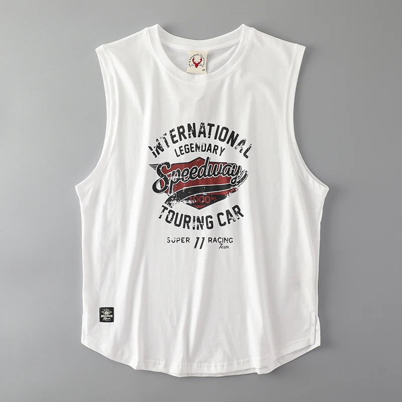 2025 Summer American Retro Sleeveless O-Neck Letter Print T-Shirt – 100% Cotton Men’s Basketball Sports Casual Vest - Premium tee from dsers - Just $30.99! Shop now at Lizard Vigilante