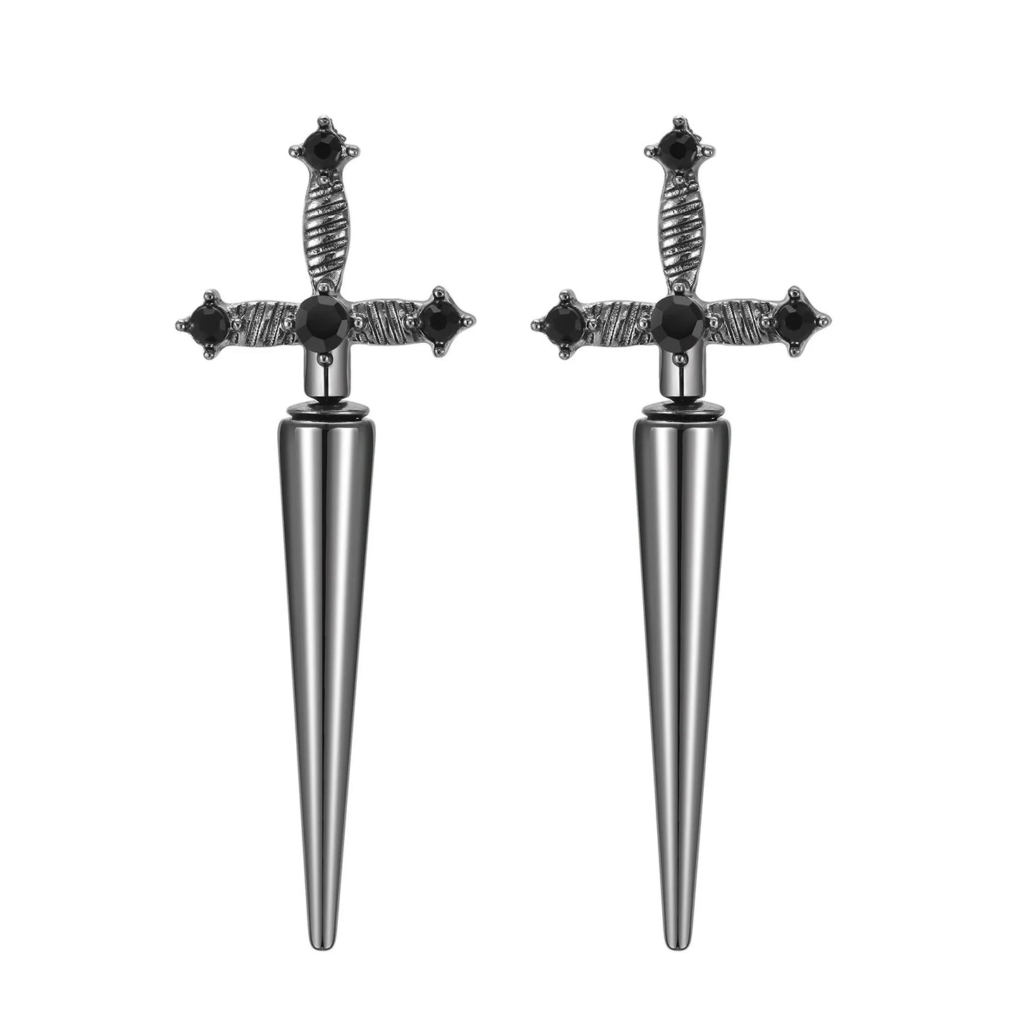 Gothic Sword Earrings with Black Stone Cross Studs - Premium  from Lizard Vigilante - Just $19.88! Shop now at Lizard Vigilante