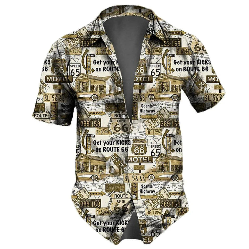 "U.S. Route 66 Retro Hawaiian Shirt" - 3D Fashion Short Sleeve Streetwear for Men - Premium hawaiian shirt from Lizard Vigilante - Just $26.66! Shop now at Lizard Vigilante