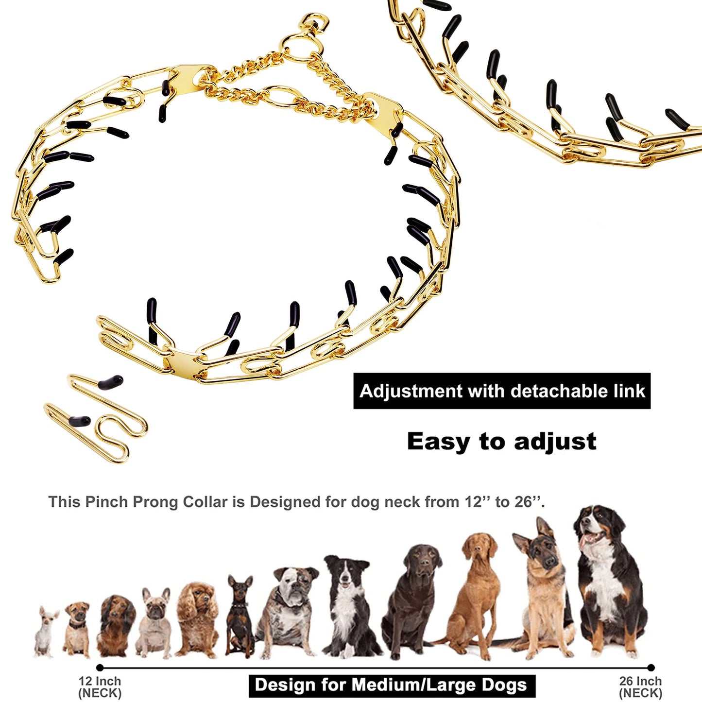 Prong Collar 18K Gold Removable Pet Link Chain Pinch Dog Training Adjustable Stainless Steel Spike Necklace with Comfort Rubber - Premium prong from Lizard Vigilante - Just $18.99! Shop now at Lizard Vigilante